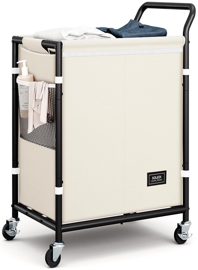 SOLEDI Laundry Basket with Wheels,38 Gallons(145L) Laundry Hamper 2 Section,Sturdy Metal Frame with Handle,Laundry Cart,Rolling Laundry Basket for Bedroom Aesthetic,Easy to Assemble,Ivory - Image 1