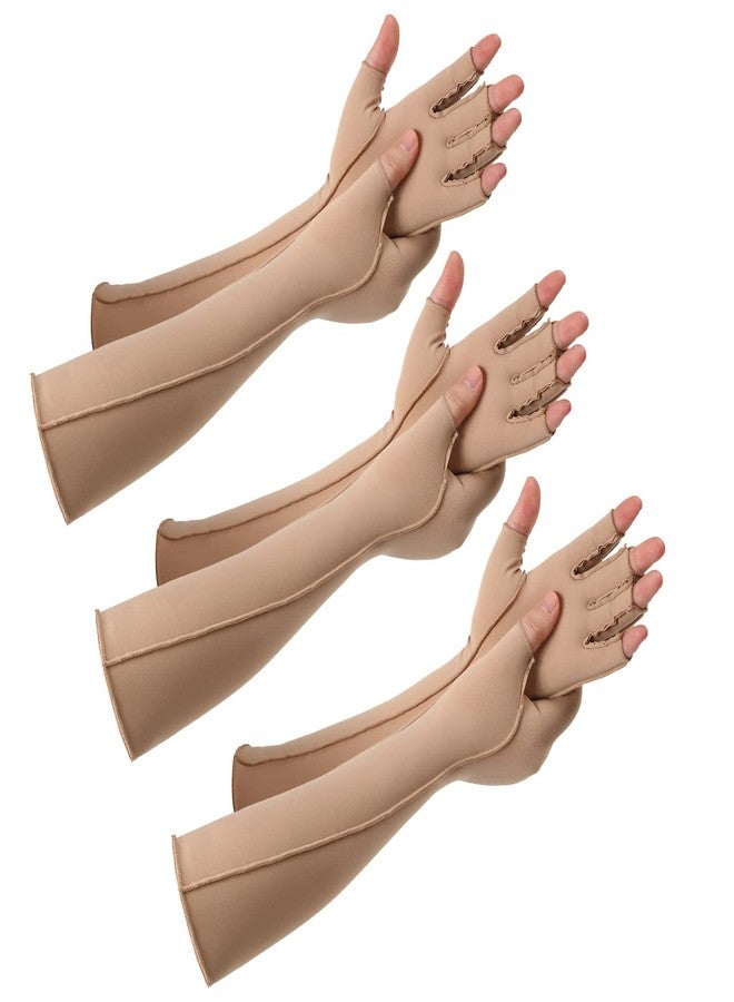 Janmercy 3 Pairs Arthritis Compression Gloves for Women & Men, Carpal Tunnel Pain Relief Fingerless for Typing, Hand Swelling(Extended Medium,Nude) - Image 1