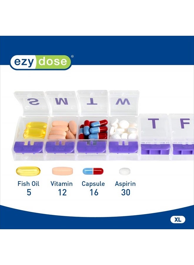 Weekly (7-Day) Pill Case, Medicine Planner, Vitamin Organizer Box, X-Large Push-Button Compartments, Convenient and Easy to Use, Color May Vary, BPA Free
