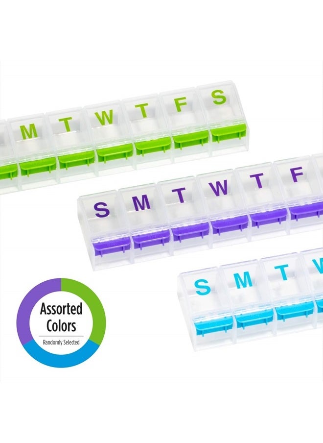 Weekly (7-Day) Pill Case, Medicine Planner, Vitamin Organizer Box, X-Large Push-Button Compartments, Convenient and Easy to Use, Color May Vary, BPA Free