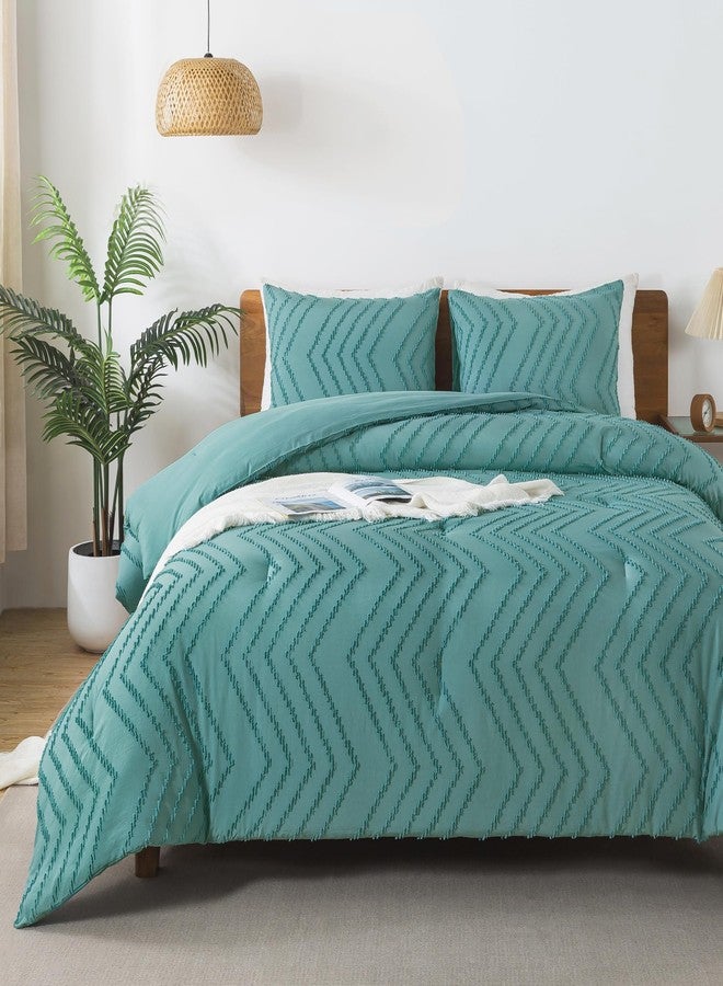 Andency Grayish Teal Comforter Set Full Size, Boho Soft Warm Bedding Comforter Sets for Full Bed, 3 Pieces Vintage Chevron Tufted Aesthetic Comforter Set - Image 1