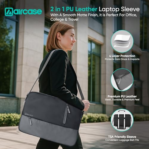 AirCase Laptop Messenger Sleeve Bag 15.6 Inch for MacBook & Laptop, Water Resistant PU Leather, Shockproof Padded Laptop Bag with Shoulder Strap, Front Organiser Pocket & Office Crossbody Case (Black) - Image 2