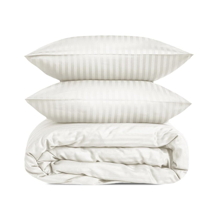 Luxury Satin Stripe Duvet Cover Set 1cm Stripes – Soft Cotton Hotel Bedding, Breathable, Durable, Elegant Design (Off white, Single) size 180x240 cm