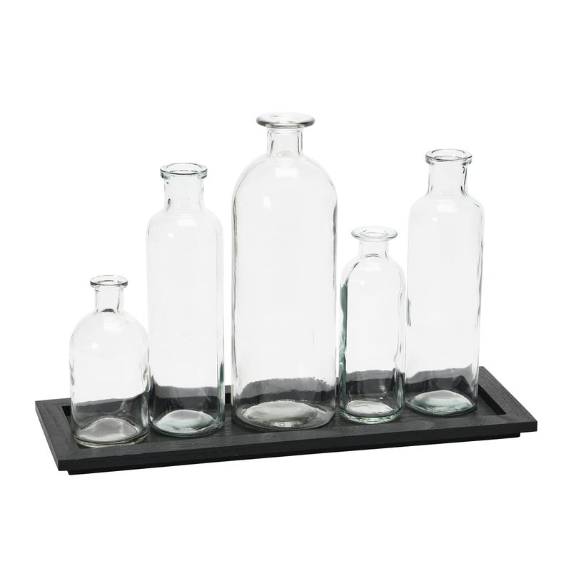 Creative CoOp Wood Tray with Vintage Glass Bottle Vases Black Set of 5 Sizes