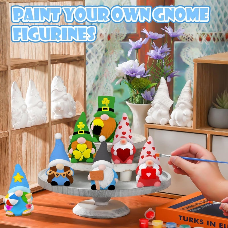 Sinmoe 24 Pcs Holiday Seasonal Paint Your Own Ceramics Gnomes 4th of July Ceramics to Draw for Adults 39 Paintable Blank Gnomes Statues Unpainted Plaster Figurines with Brush Palette Paint - Image 4