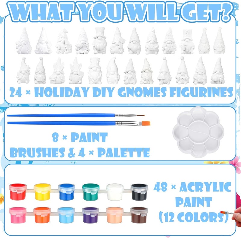 Sinmoe 24 Pcs Holiday Seasonal Paint Your Own Ceramics Gnomes 4th of July Ceramics to Draw for Adults 39 Paintable Blank Gnomes Statues Unpainted Plaster Figurines with Brush Palette Paint - Image 3