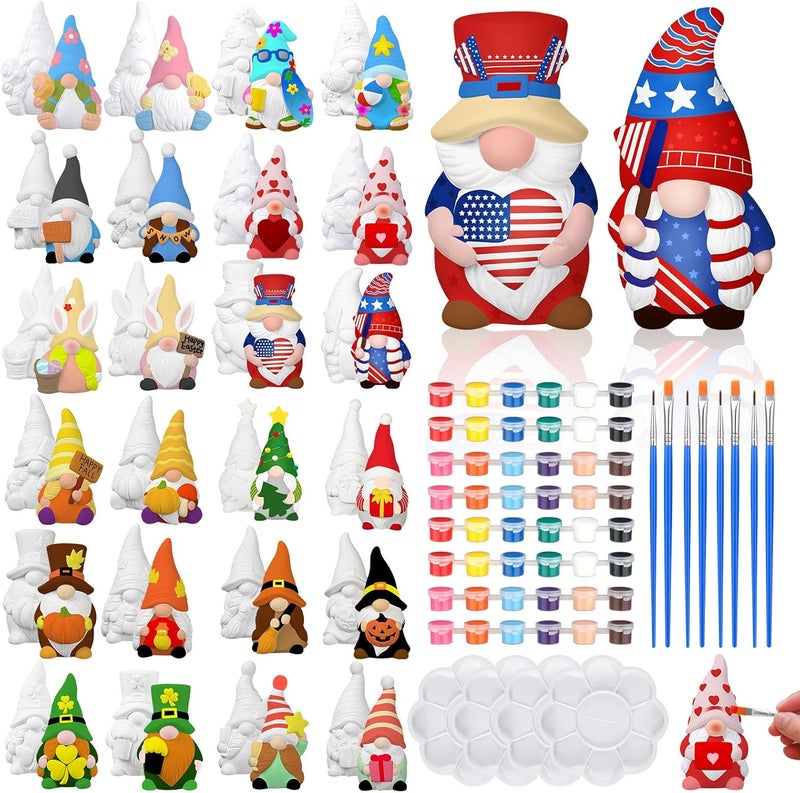 Sinmoe 24 Pcs Holiday Seasonal Paint Your Own Ceramics Gnomes 4th of July Ceramics to Draw for Adults 39 Paintable Blank Gnomes Statues Unpainted Plaster Figurines with Brush Palette Paint - Image 1