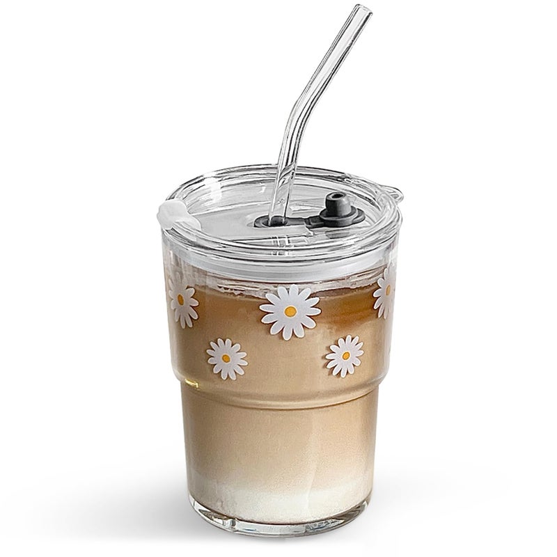 Olvini 13oz Glass Tumbler with Straw and Lid Reusable Iced Coffee Cup Tumbler Cute Glass Cups for Water Matcha Travel Coffee Mugs Daisy