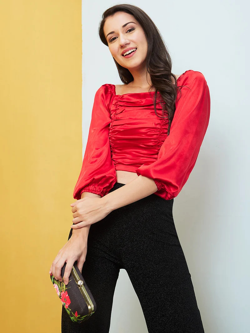 globus Women Square Neck Smocked Crop Top
