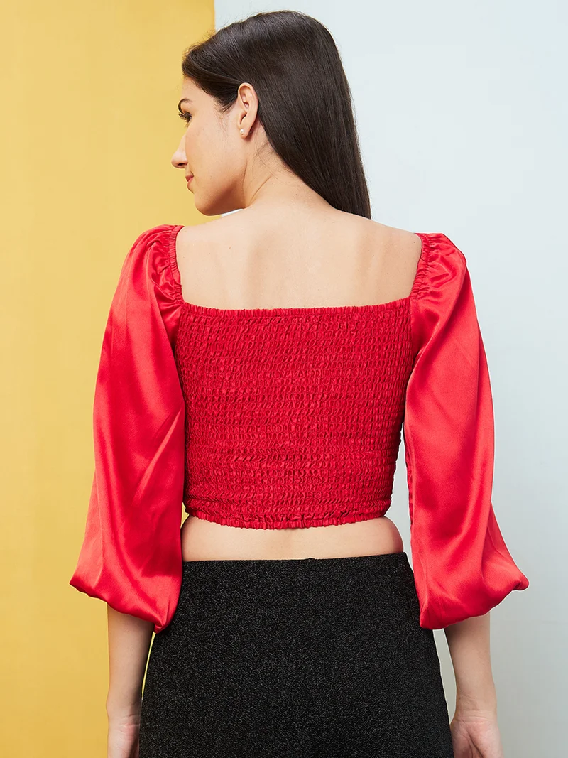globus Women Square Neck Smocked Crop Top
