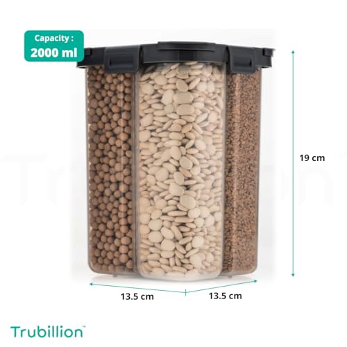 TRUBILLION SplitBox 4-Section Kitchen Food Storage Container,2000ml BPA-Free Transparent,Black Lid,Removable Divider,Freezer Safe,Stackable Space,Saving Design,For Pulses,Snacks,Dry Fruits (Black) - Image 2