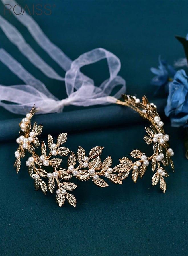 roaiss Women's Gold Pearl Belt, Wedding Party Prom Belt, Alloy Flower Bridal Wedding Belt with Ribbon for Ladies Evening Dress, Fashion Accessories - Image 4