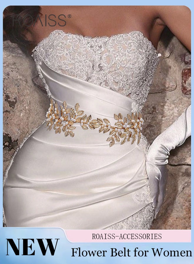 roaiss Women's Gold Pearl Belt, Wedding Party Prom Belt, Alloy Flower Bridal Wedding Belt with Ribbon for Ladies Evening Dress, Fashion Accessories - Image 1