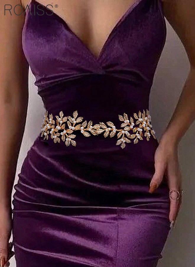 roaiss Women's Gold Pearl Belt, Wedding Party Prom Belt, Alloy Flower Bridal Wedding Belt with Ribbon for Ladies Evening Dress, Fashion Accessories - Image 2