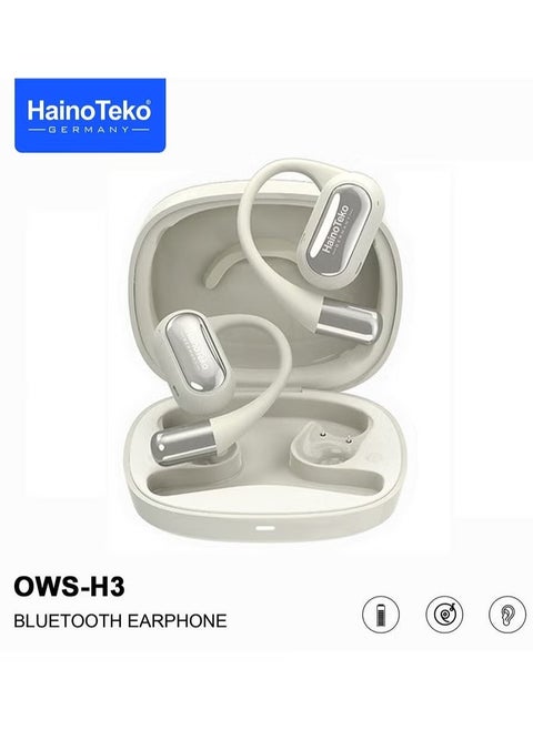 HT-OWSH3 OpenFit Bluetooth Earphones with High-Quality Sound, Super Clear Mic, and Touch Controls – Lightweight, Comfortable Design, Perfect for Calls, Music, and Sports – Wireless Bluetooth Earbuds in White