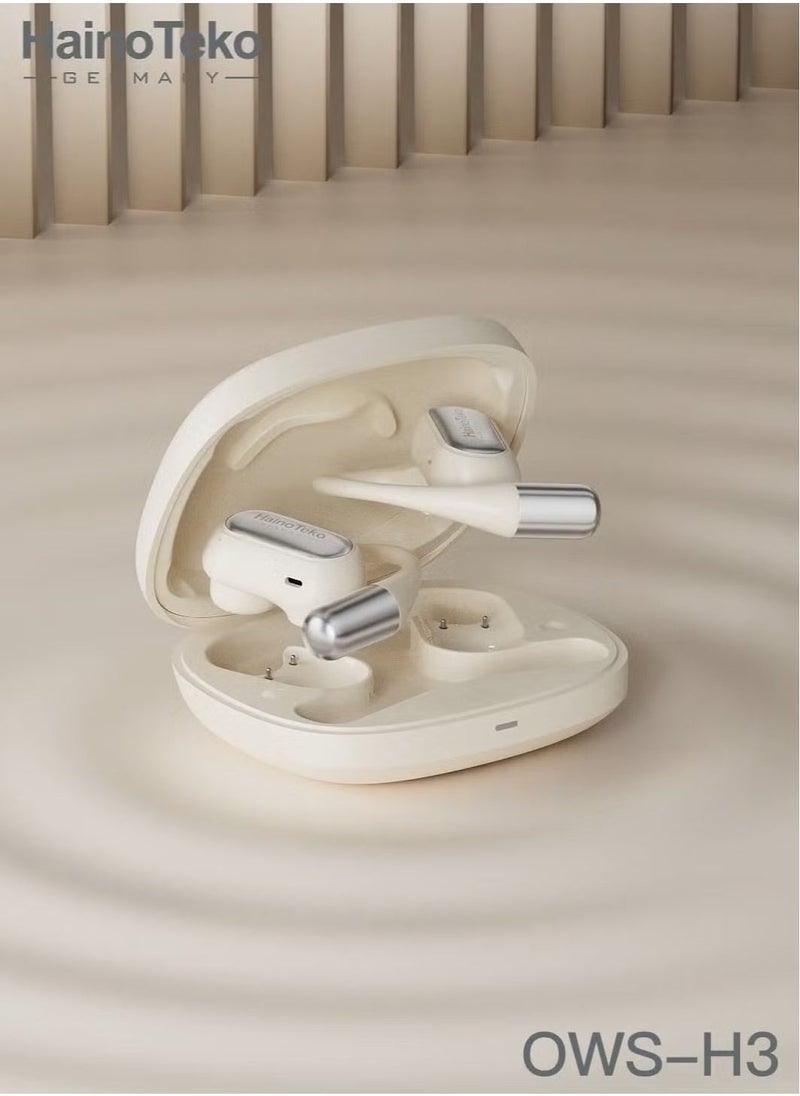 HT-OWSH3 OpenFit Bluetooth Earphones with High-Quality Sound, Super Clear Mic, and Touch Controls – Lightweight, Comfortable Design, Perfect for Calls, Music, and Sports – Wireless Bluetooth Earbuds in White