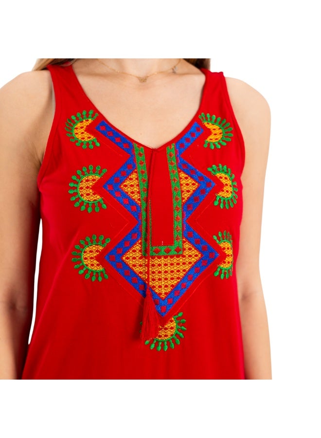 zecotex  Women's Maxi Cotton Home Dress - Detailed Geometric Embroidery - Vibrant Red. - Image 2