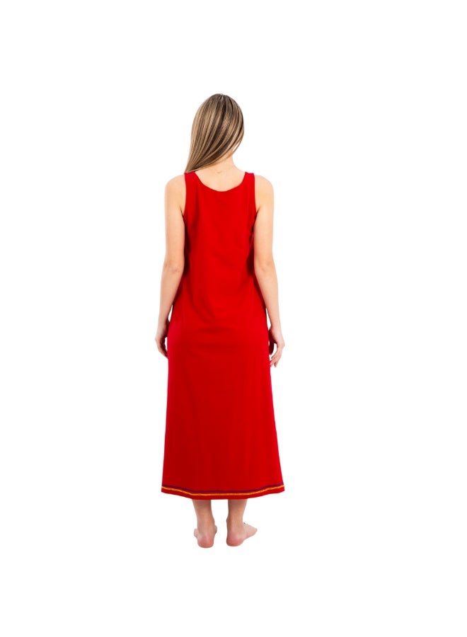 zecotex  Women's Maxi Cotton Home Dress - Detailed Geometric Embroidery - Vibrant Red. - Image 4