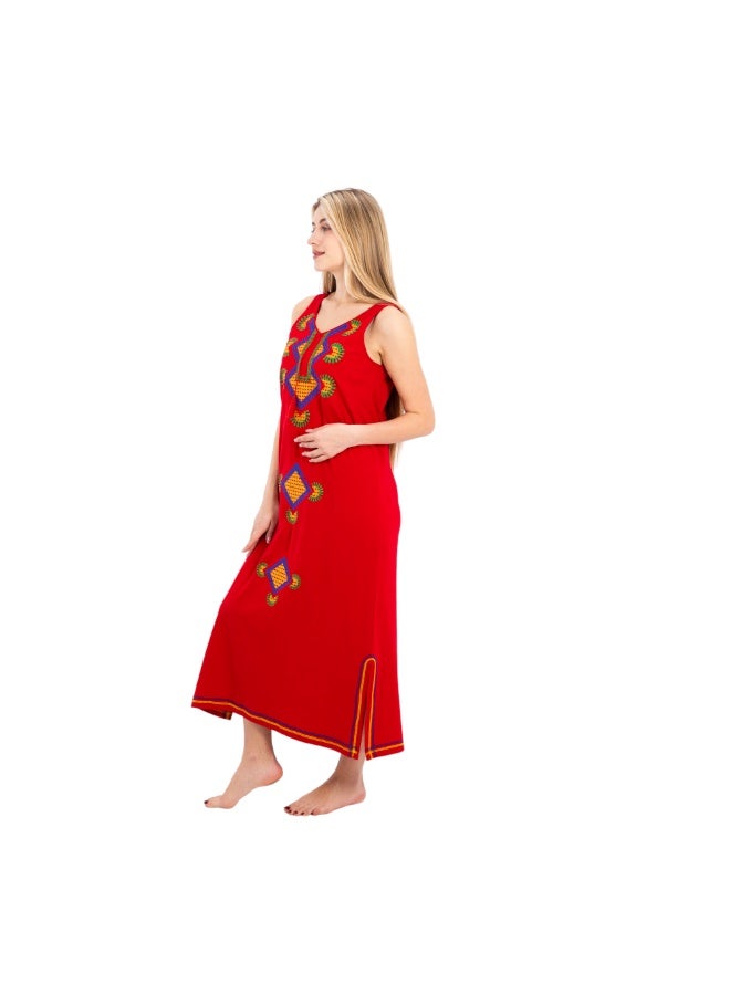 zecotex  Women's Maxi Cotton Home Dress - Detailed Geometric Embroidery - Vibrant Red. - Image 3