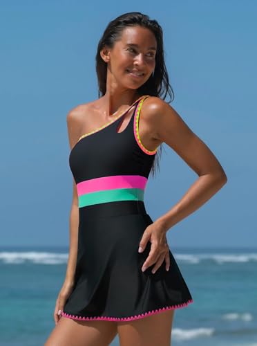 popvil Women One Shoulder One Piece Swimsuit 2026 Tummy Control Swim Dress with Skirt Neon Bathing Suit - Image 3
