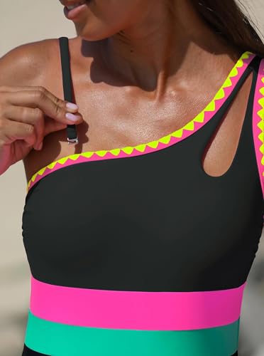 popvil Women One Shoulder One Piece Swimsuit 2026 Tummy Control Swim Dress with Skirt Neon Bathing Suit - Image 5