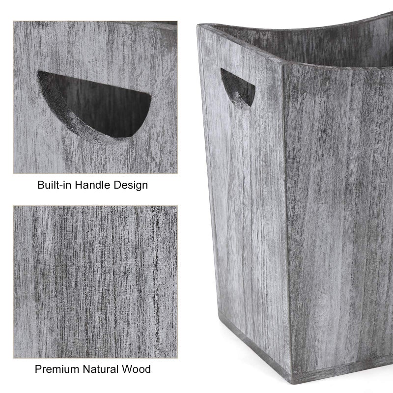 BTY Farmhouse Wooden Trash Can, Small Square Wastebasket Garbage Container Bin Holder, Rustic Torched Home Kitchen Office Trash Cans with Handle for Living Room, Dorm - Gray Green - Image 3