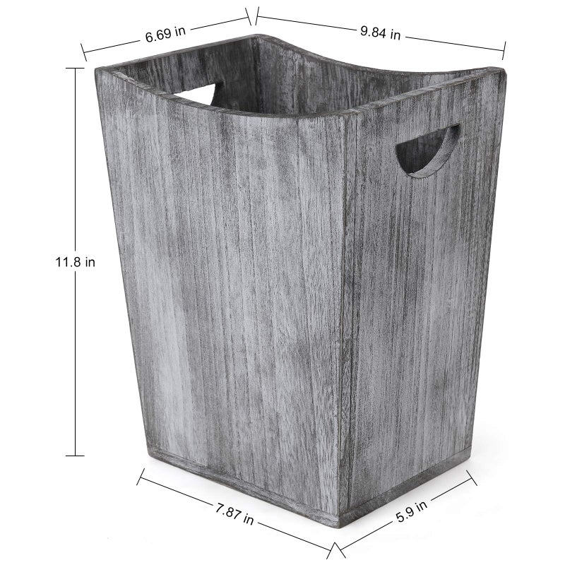 BTY Farmhouse Wooden Trash Can, Small Square Wastebasket Garbage Container Bin Holder, Rustic Torched Home Kitchen Office Trash Cans with Handle for Living Room, Dorm - Gray Green - Image 2