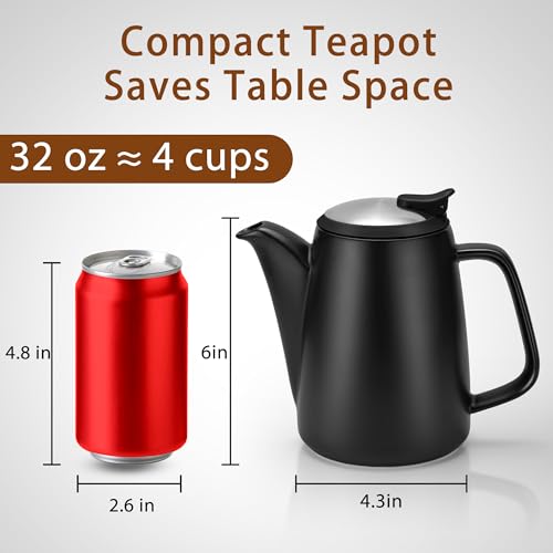 DRNKNSTX Ceramic Teapot with Infuser, 32 oz Loose Leaf Tea Pot Ceramic with Removable Stainless Steel Infuser, Mess-Free Loose Tea Diffusers, Ideal for Tea Steeper (Black) - Image 4