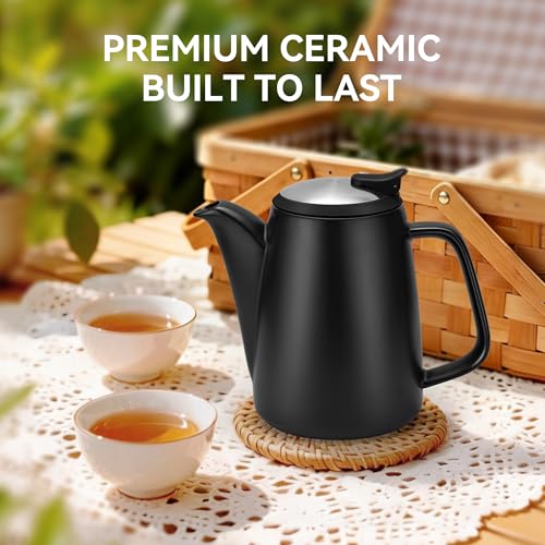 DRNKNSTX Ceramic Teapot with Infuser, 32 oz Loose Leaf Tea Pot Ceramic with Removable Stainless Steel Infuser, Mess-Free Loose Tea Diffusers, Ideal for Tea Steeper (Black) - Image 2