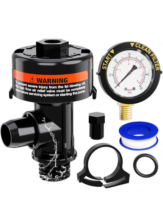 HOZOL Manual Air Relief Valve for Pool and Spa Filters, Pool Filter Air Relief Valve with Pressure Gauge Replacement, Air Relief Valve for Pool Filter, Includes Gauge Plug, Pressure Gauge, O-Rings, Clips.  - Image 1