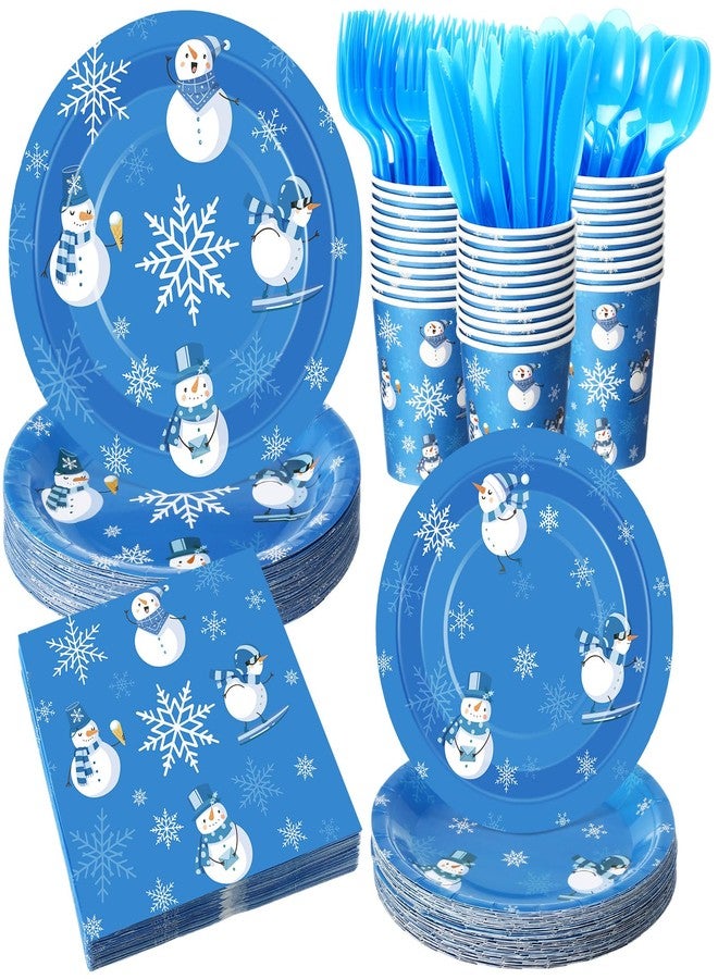 Pickmesh 400 Pcs Winter Snowflake Plates and Napkins Set Snowman Snowflake Dinnerware Disposable Tableware Set with Cups Knives Forks Spoons for Winter Party Supplies Table Decor, Serves 50(Blue) - Image 1