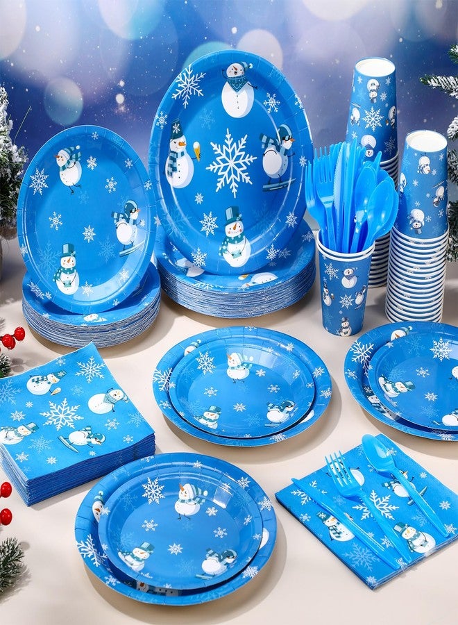 Pickmesh 400 Pcs Winter Snowflake Plates and Napkins Set Snowman Snowflake Dinnerware Disposable Tableware Set with Cups Knives Forks Spoons for Winter Party Supplies Table Decor, Serves 50(Blue) - Image 4