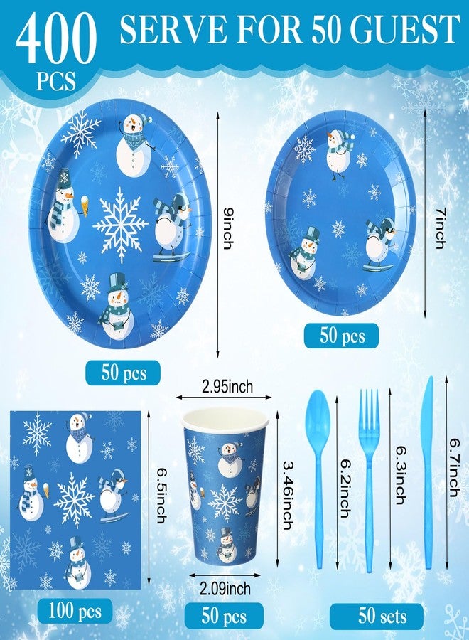 Pickmesh 400 Pcs Winter Snowflake Plates and Napkins Set Snowman Snowflake Dinnerware Disposable Tableware Set with Cups Knives Forks Spoons for Winter Party Supplies Table Decor, Serves 50(Blue) - Image 3