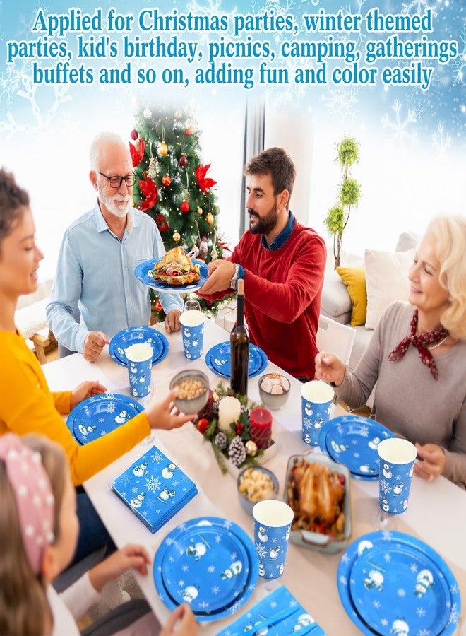 Pickmesh 400 Pcs Winter Snowflake Plates and Napkins Set Snowman Snowflake Dinnerware Disposable Tableware Set with Cups Knives Forks Spoons for Winter Party Supplies Table Decor, Serves 50(Blue) - Image 5