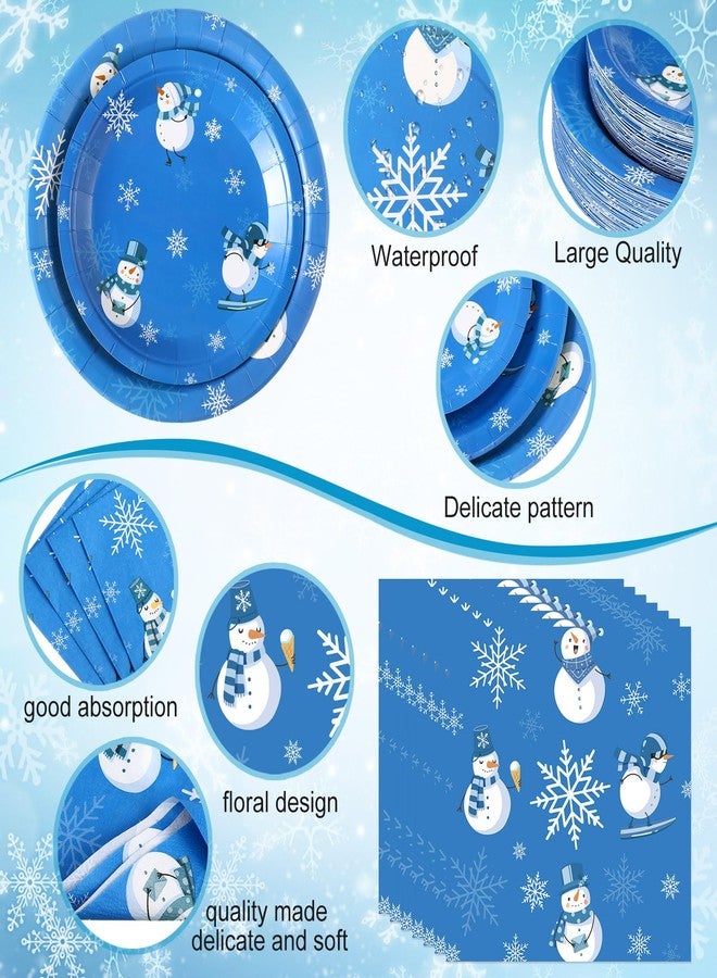 Pickmesh 400 Pcs Winter Snowflake Plates and Napkins Set Snowman Snowflake Dinnerware Disposable Tableware Set with Cups Knives Forks Spoons for Winter Party Supplies Table Decor, Serves 50(Blue) - Image 2