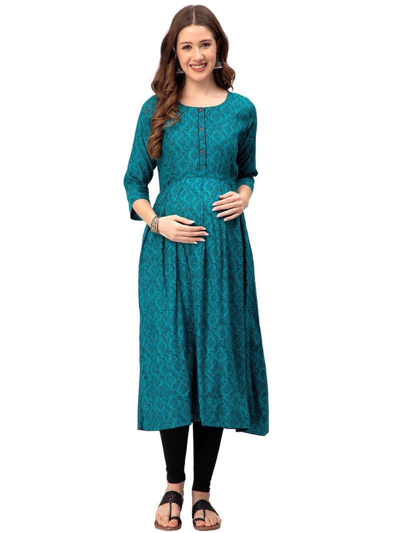 CEE 18 Cotton Rayon A-Line Flaired Maternity Feeding Kurti for Women with Zippers | Maternity Dress in Breathable Fabric for Pre and Post Pregnancy & Nursing for Mom (Large, Firozi Green) - Image 1