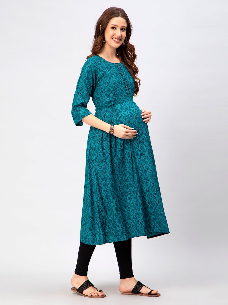 CEE 18 Cotton Rayon A-Line Flaired Maternity Feeding Kurti for Women with Zippers | Maternity Dress in Breathable Fabric for Pre and Post Pregnancy & Nursing for Mom (Large, Firozi Green) - Image 3