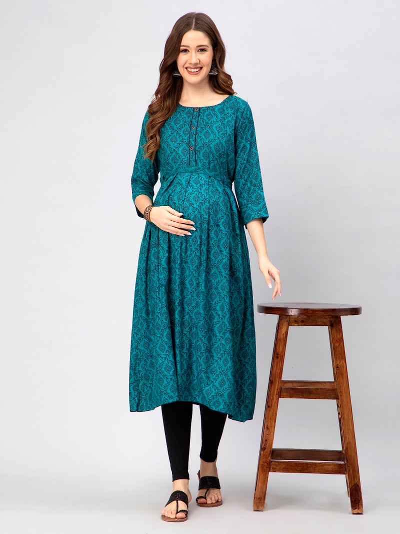 CEE 18 Cotton Rayon A-Line Flaired Maternity Feeding Kurti for Women with Zippers | Maternity Dress in Breathable Fabric for Pre and Post Pregnancy & Nursing for Mom (Large, Firozi Green) - Image 4