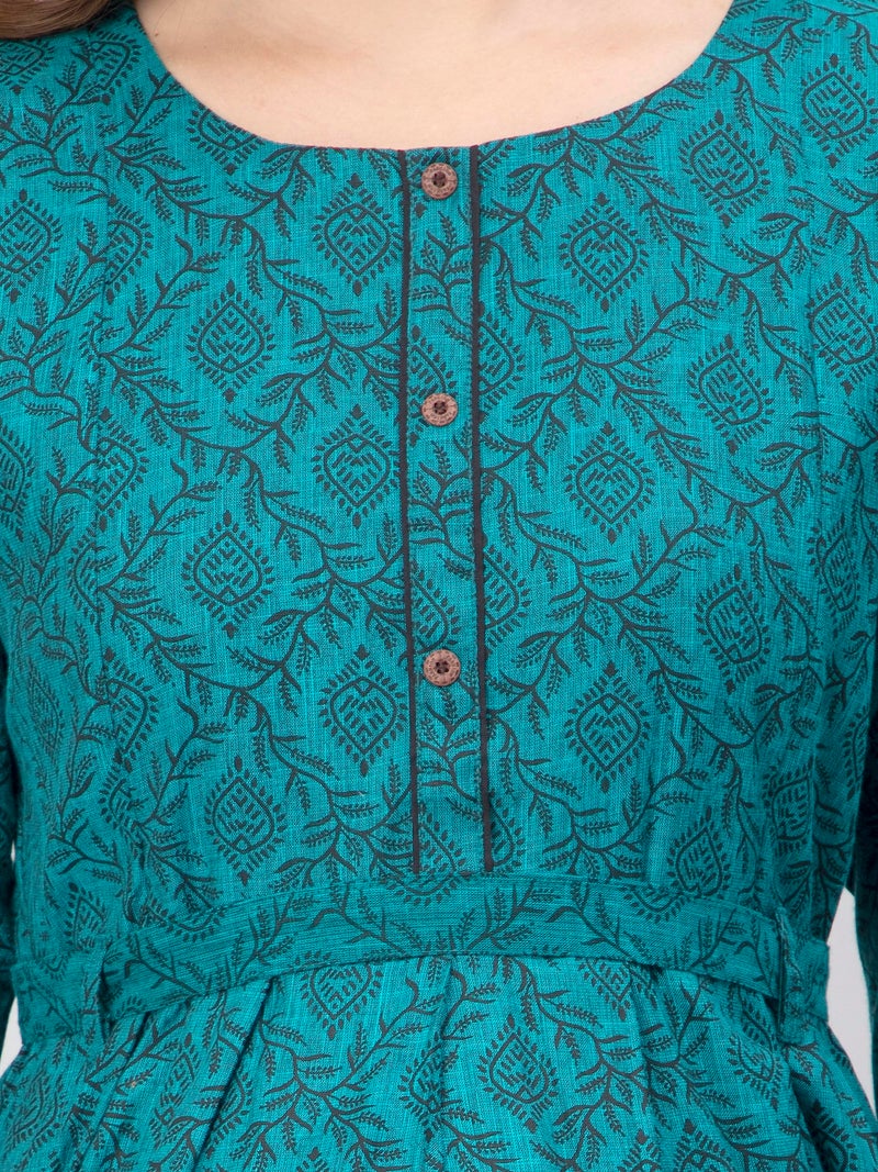 CEE 18 Cotton Rayon A-Line Flaired Maternity Feeding Kurti for Women with Zippers | Maternity Dress in Breathable Fabric for Pre and Post Pregnancy & Nursing for Mom (Large, Firozi Green) - Image 5