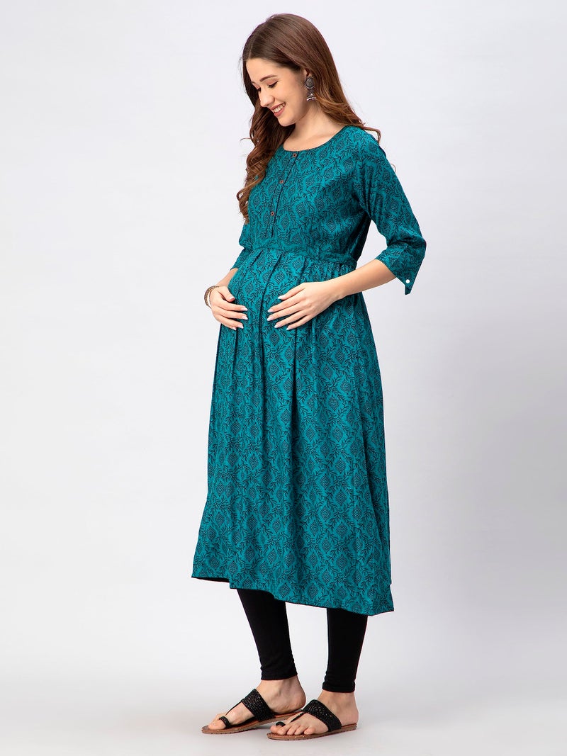 CEE 18 Cotton Rayon A-Line Flaired Maternity Feeding Kurti for Women with Zippers | Maternity Dress in Breathable Fabric for Pre and Post Pregnancy & Nursing for Mom (Large, Firozi Green) - Image 2