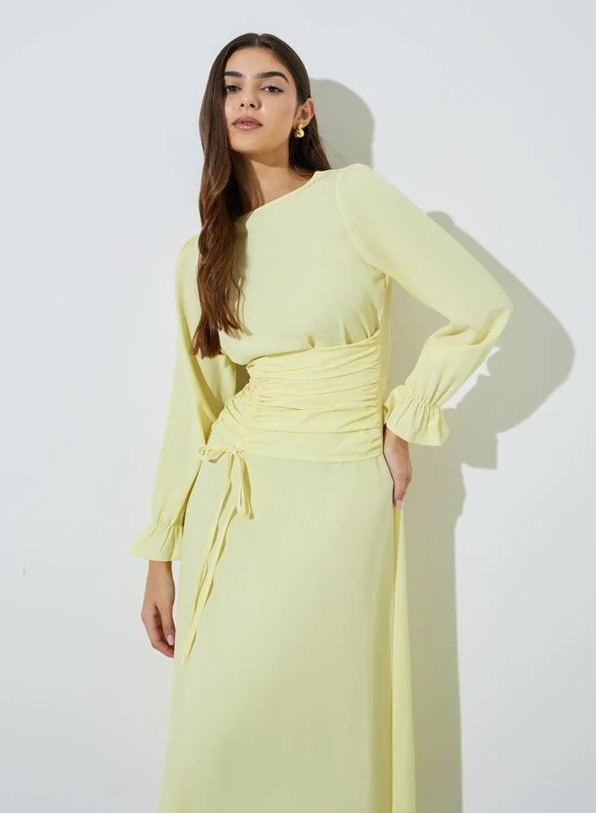 ستايلي Yellow Solid Drawstring Detail A-Line Midi Dress