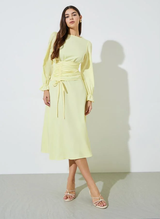 ستايلي Yellow Solid Drawstring Detail A-Line Midi Dress