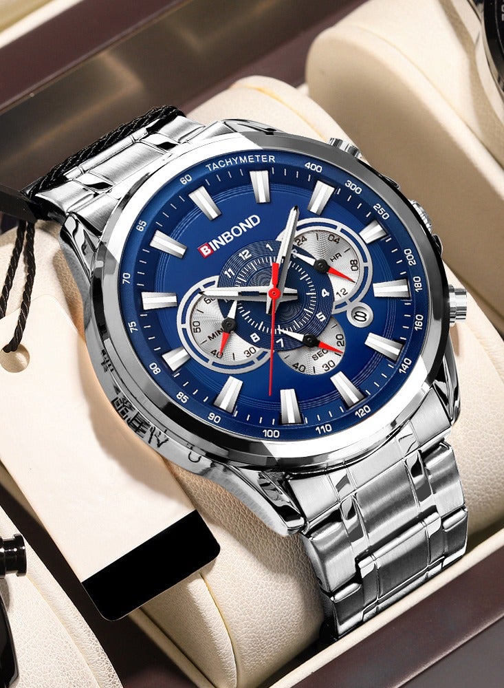 بينبوند ساعة BINBOND للرجال كوارتز فاخرة للأعمال والرياضات مقاومة للماء من الفولاذ المقاوم للصدأ بمينا صغيرة مزخرفة وساعات كوارتز زرقاء للرجال - Image 1
