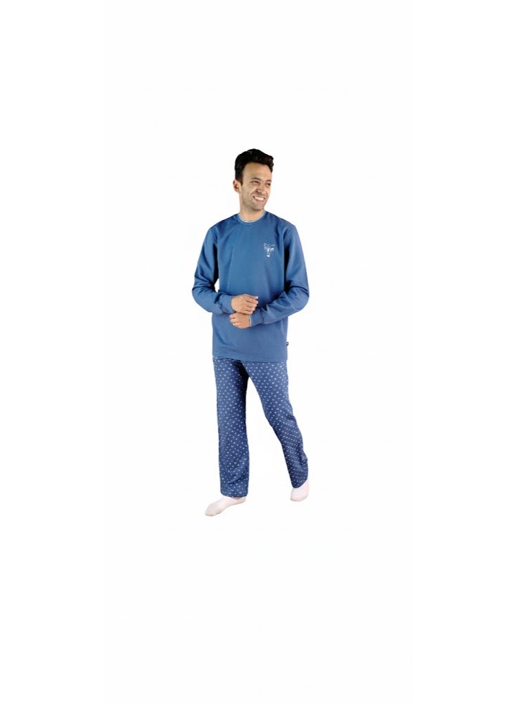 Jet Men Winter Pajama Set Long Sleeve & Printed Bottom-Blue - Image 1