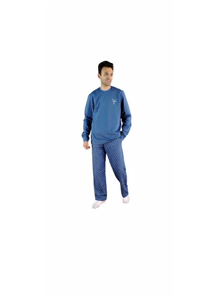 Jet Men Winter Pajama Set Long Sleeve & Printed Bottom-Blue - Image 2