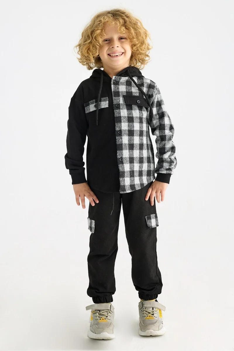 Zepkids Boy Plaid Pocket Hooded Tracksuit Set