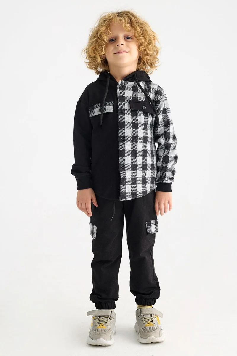 Zepkids Boy Plaid Pocket Hooded Tracksuit Set