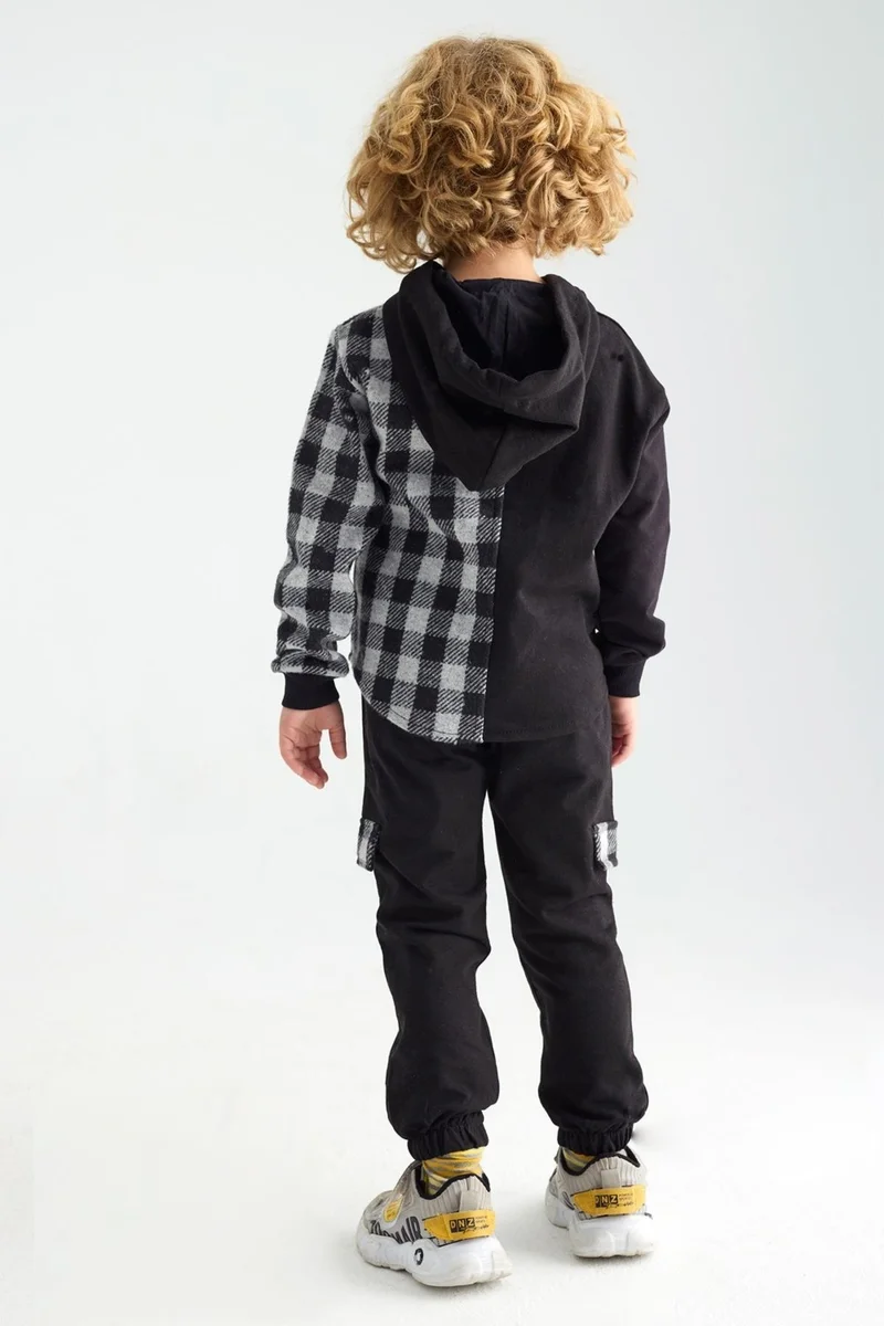 Zepkids Boy Plaid Pocket Hooded Tracksuit Set