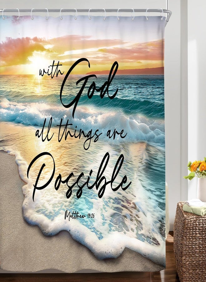 Riyidecor Beach Ocean Bible Verse Shower Curtain Sunrise Sunset Inspirational Scripture Quotes 72Wx72H Inch Summer Coastal Seaside Seascape Fabric Decor Bathroom Polyester Waterproof 12 Pack Hooks - Image 2