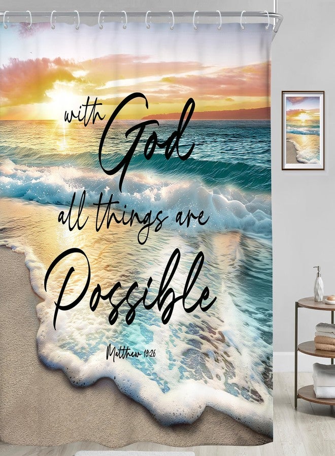 Riyidecor Beach Ocean Bible Verse Shower Curtain Sunrise Sunset Inspirational Scripture Quotes 72Wx72H Inch Summer Coastal Seaside Seascape Fabric Decor Bathroom Polyester Waterproof 12 Pack Hooks - Image 3